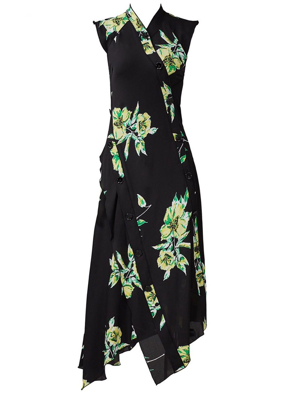 Proenza Schouler Black Floral Asymmetrical Midi Maxi Dress Black Green